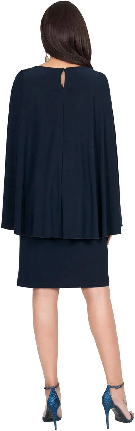 KOH KOH Womens Cape Long Sleeve Round Neck Cocktail with Leather Belt Mini Dress
