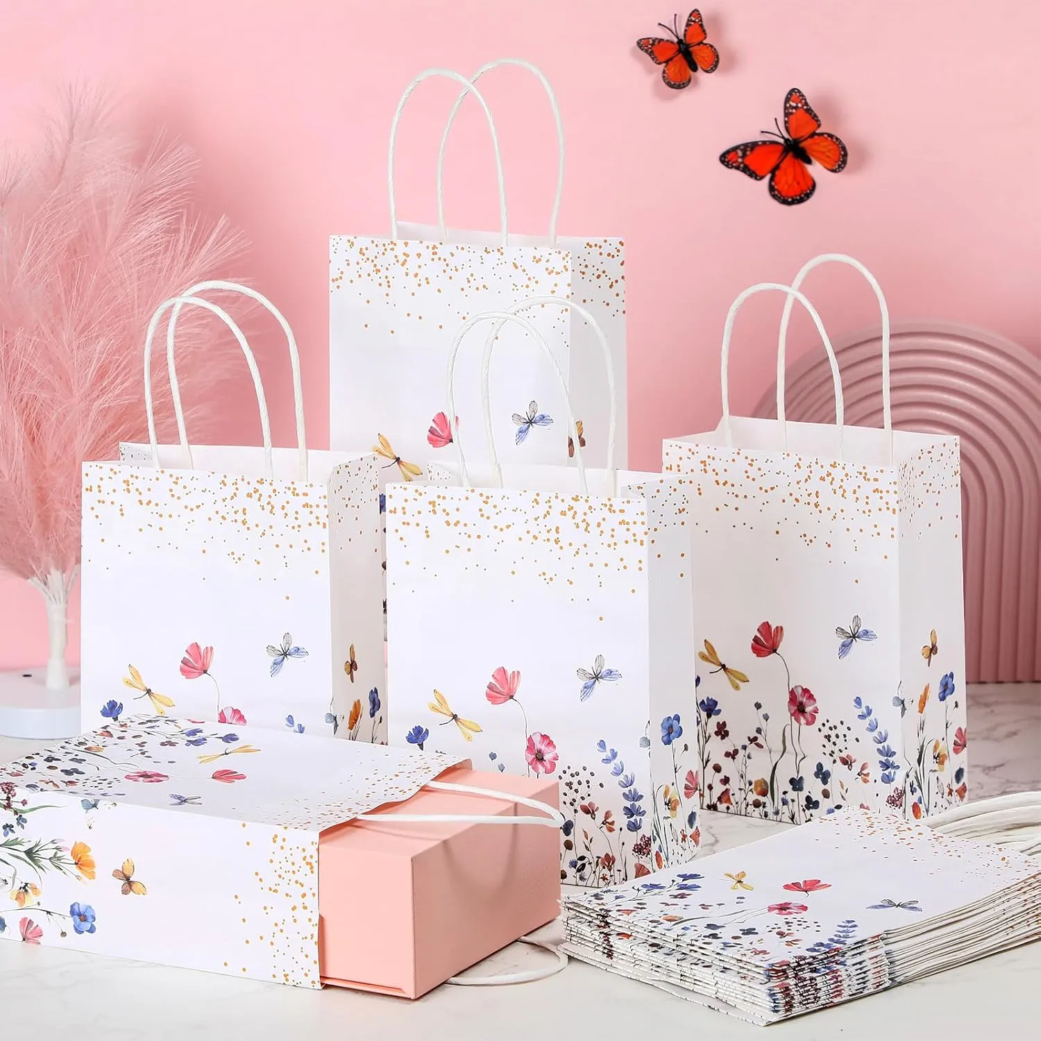 Kolldenn 16 Pcs Coquette Pink Bow Paper Gift Bags Women Birthday Christmas Party Favor Goodie Candy Bags with Handles for Bridal Engagement Party Supplies 8.3 x 5.9 x 3.1 in(White,Wildflower)