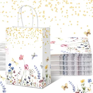 Kolldenn 16 Pcs Coquette Pink Bow Paper Gift Bags Women Birthday Christmas Party Favor Goodie Candy Bags with Handles for Bridal Engagement Party Supplies 8.3 x 5.9 x 3.1 in(White,Wildflower)