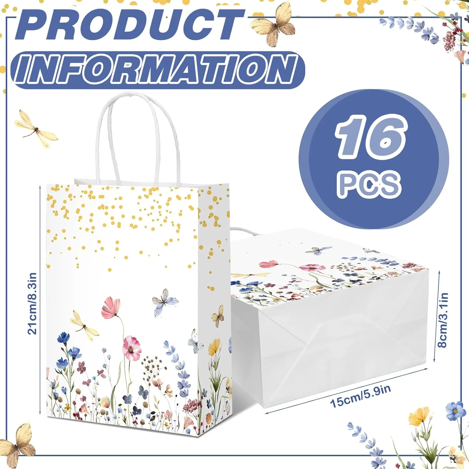 Kolldenn 16 Pcs Coquette Pink Bow Paper Gift Bags Women Birthday Christmas Party Favor Goodie Candy Bags with Handles for Bridal Engagement Party Supplies 8.3 x 5.9 x 3.1 in(White,Wildflower)