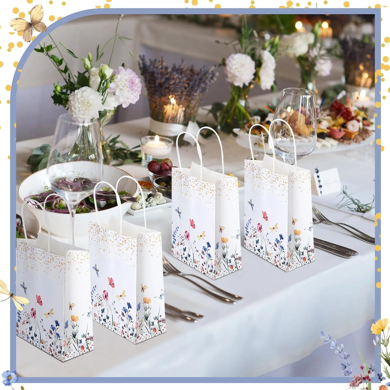 Kolldenn 16 Pcs Coquette Pink Bow Paper Gift Bags Women Birthday Christmas Party Favor Goodie Candy Bags with Handles for Bridal Engagement Party Supplies 8.3 x 5.9 x 3.1 in(White,Wildflower)