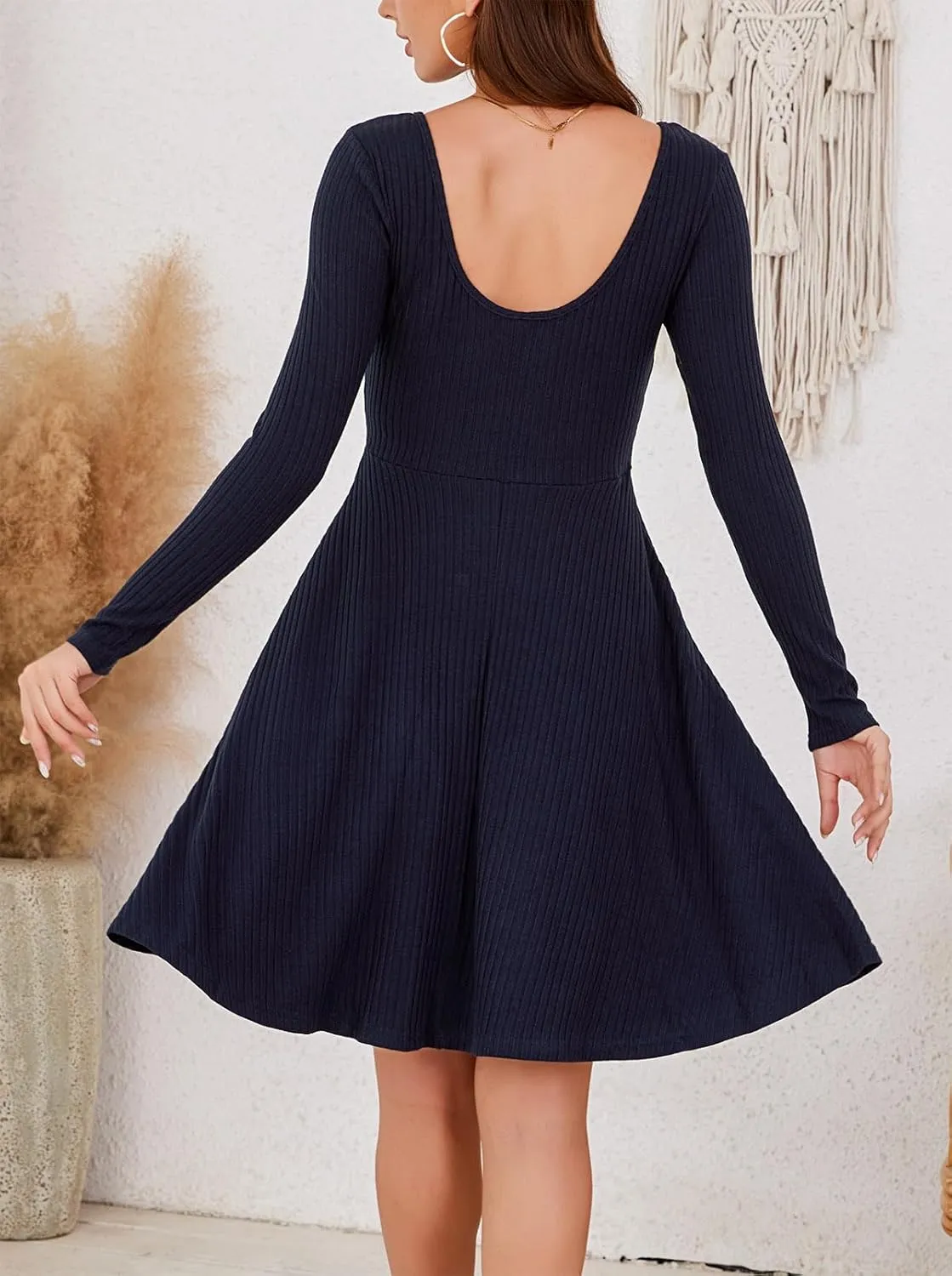 Kormei Womens Fall Knit Round Neck Casual Long Sleeve A Line Flowy Elegant Short Swing Party Dress