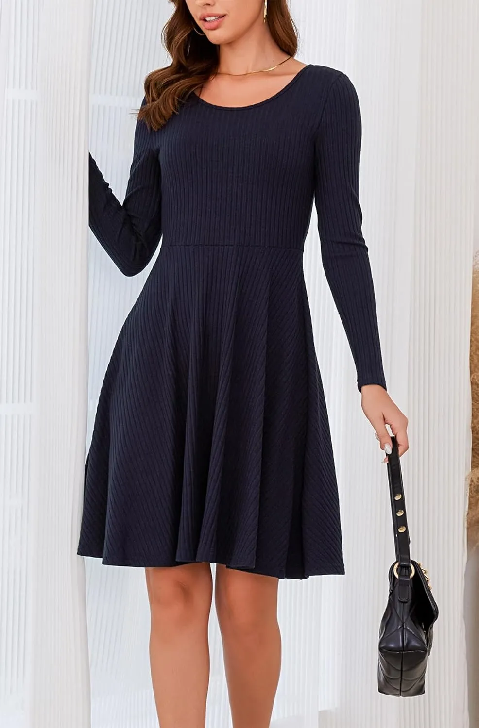 Kormei Womens Fall Knit Round Neck Casual Long Sleeve A Line Flowy Elegant Short Swing Party Dress