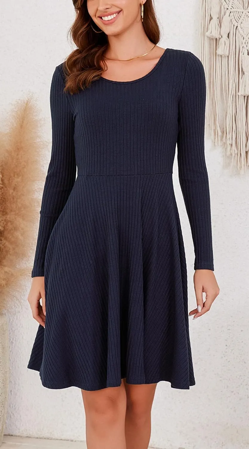 Kormei Womens Fall Knit Round Neck Casual Long Sleeve A Line Flowy Elegant Short Swing Party Dress