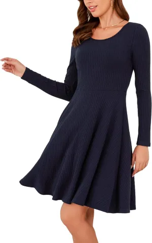 Kormei Womens Fall Knit Round Neck Casual Long Sleeve A Line Flowy Elegant Short Swing Party Dress