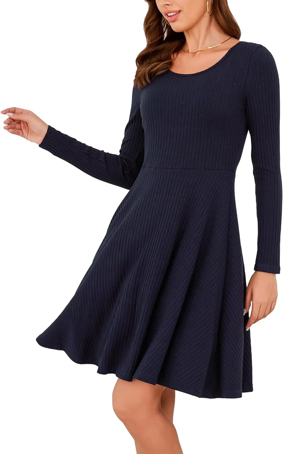 Kormei Womens Fall Knit Round Neck Casual Long Sleeve A Line Flowy Elegant Short Swing Party Dress