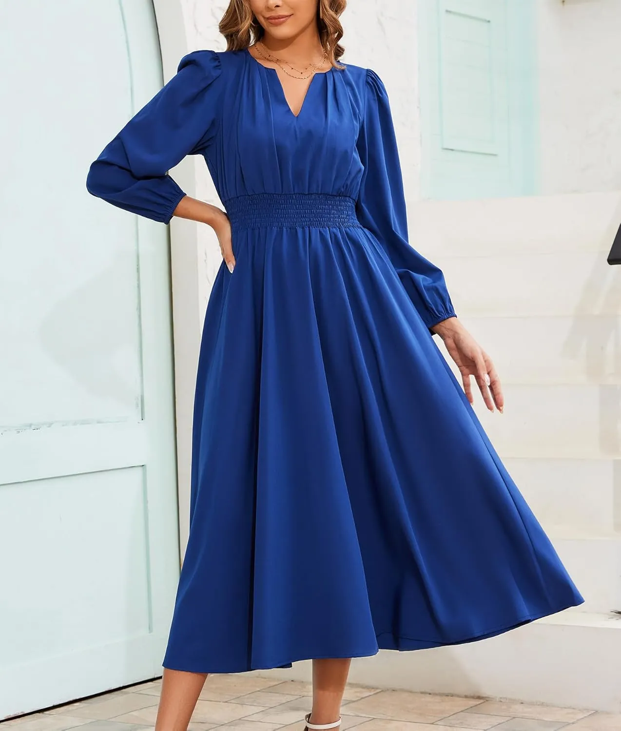 Kormei Women's Fall Maxi Dress Long Sleeve V Neck Casual Flowy A Line Cocktail Party Wedding Guest Dresses