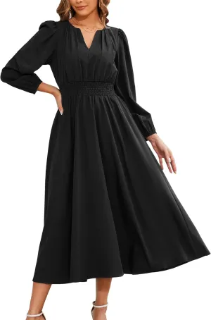 Kormei Women's Fall Maxi Dress Long Sleeve V Neck Casual Flowy A Line Cocktail Party Wedding Guest Dresses