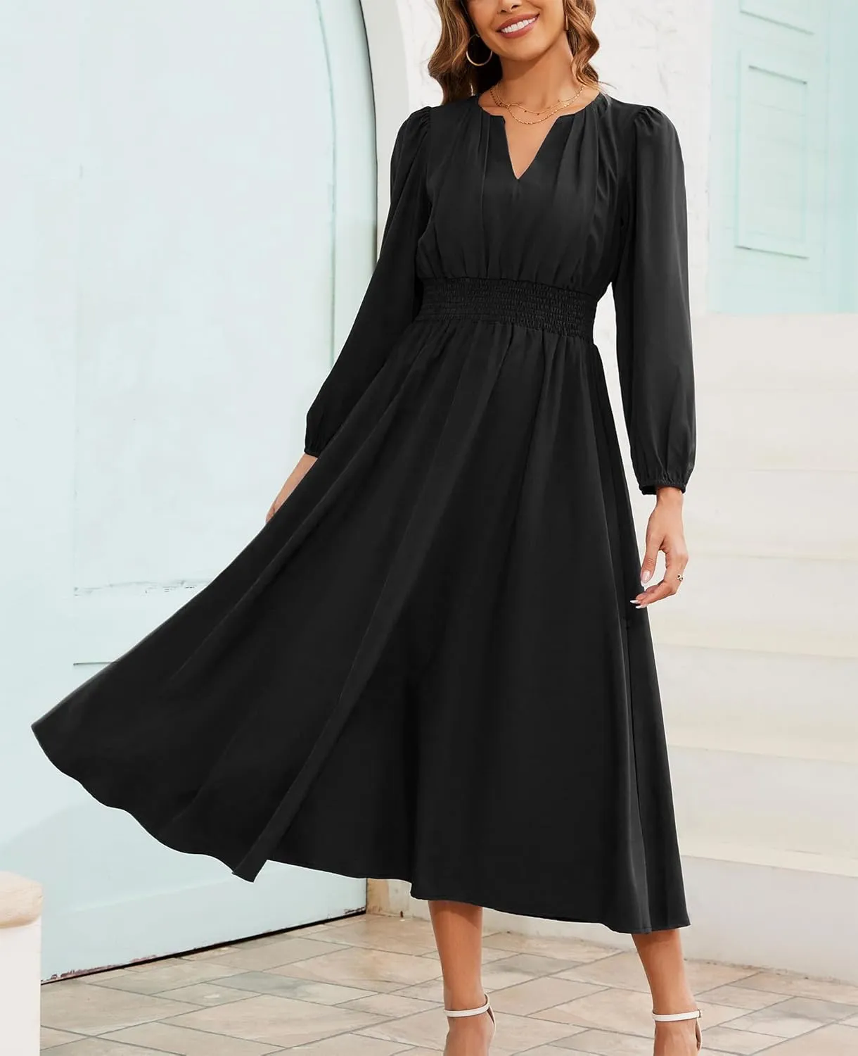 Kormei Women's Fall Maxi Dress Long Sleeve V Neck Casual Flowy A Line Cocktail Party Wedding Guest Dresses