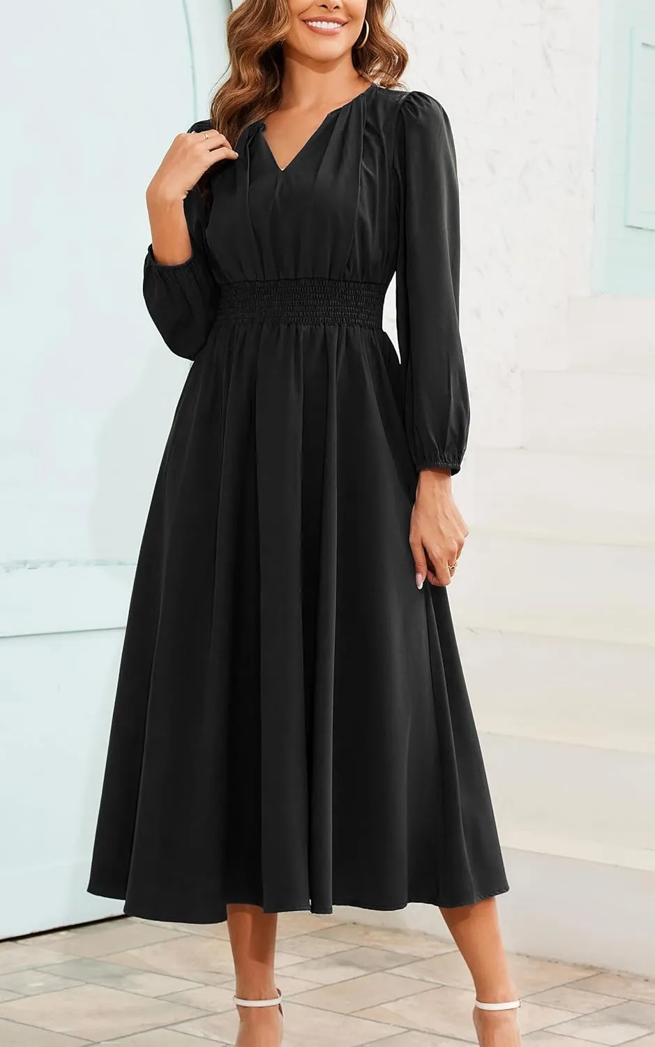 Kormei Women's Fall Maxi Dress Long Sleeve V Neck Casual Flowy A Line Cocktail Party Wedding Guest Dresses