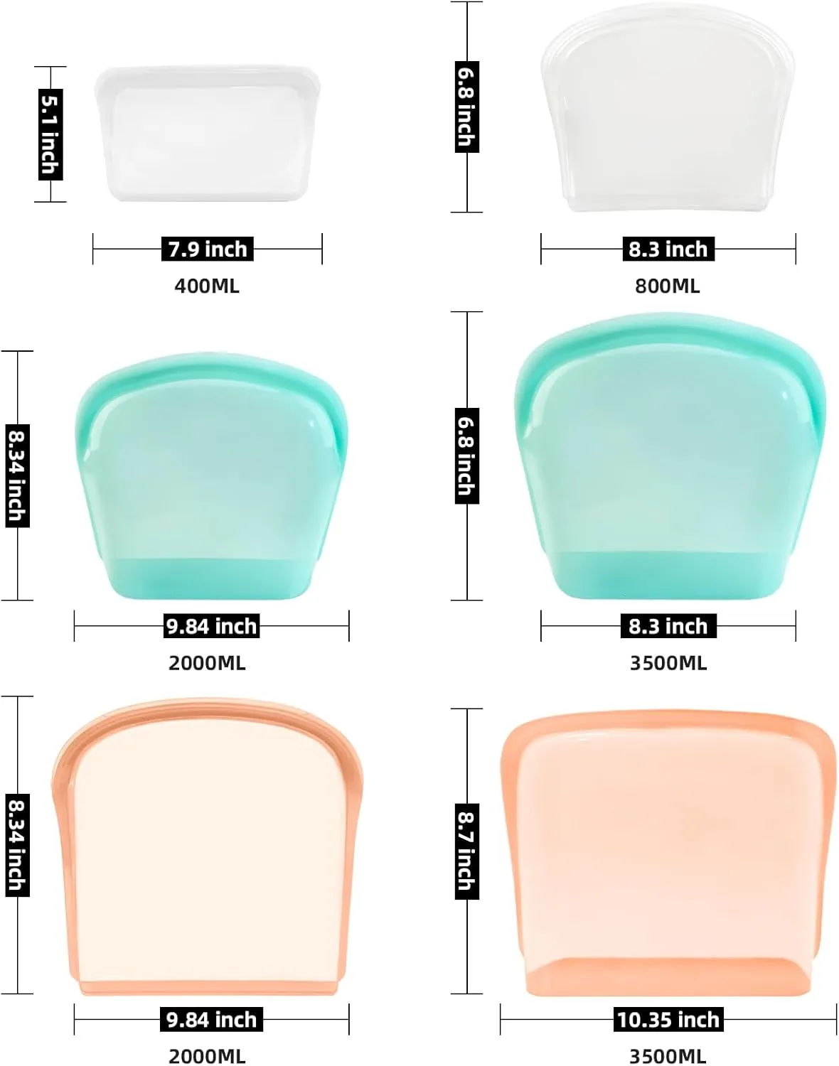 KVK Platinum Silicone Reusable Storage Bags - 8 Pack Food Meal Prep Container for Lunch, Travel, Makeup Bag - Oven Dishwasher Freezer Safe - Clear&Orange&Teal
