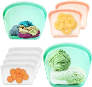 KVK Platinum Silicone Reusable Storage Bags - 8 Pack Food Meal Prep Container for Lunch, Travel, Makeup Bag - Oven Dishwasher Freezer Safe - Clear&Orange&Teal