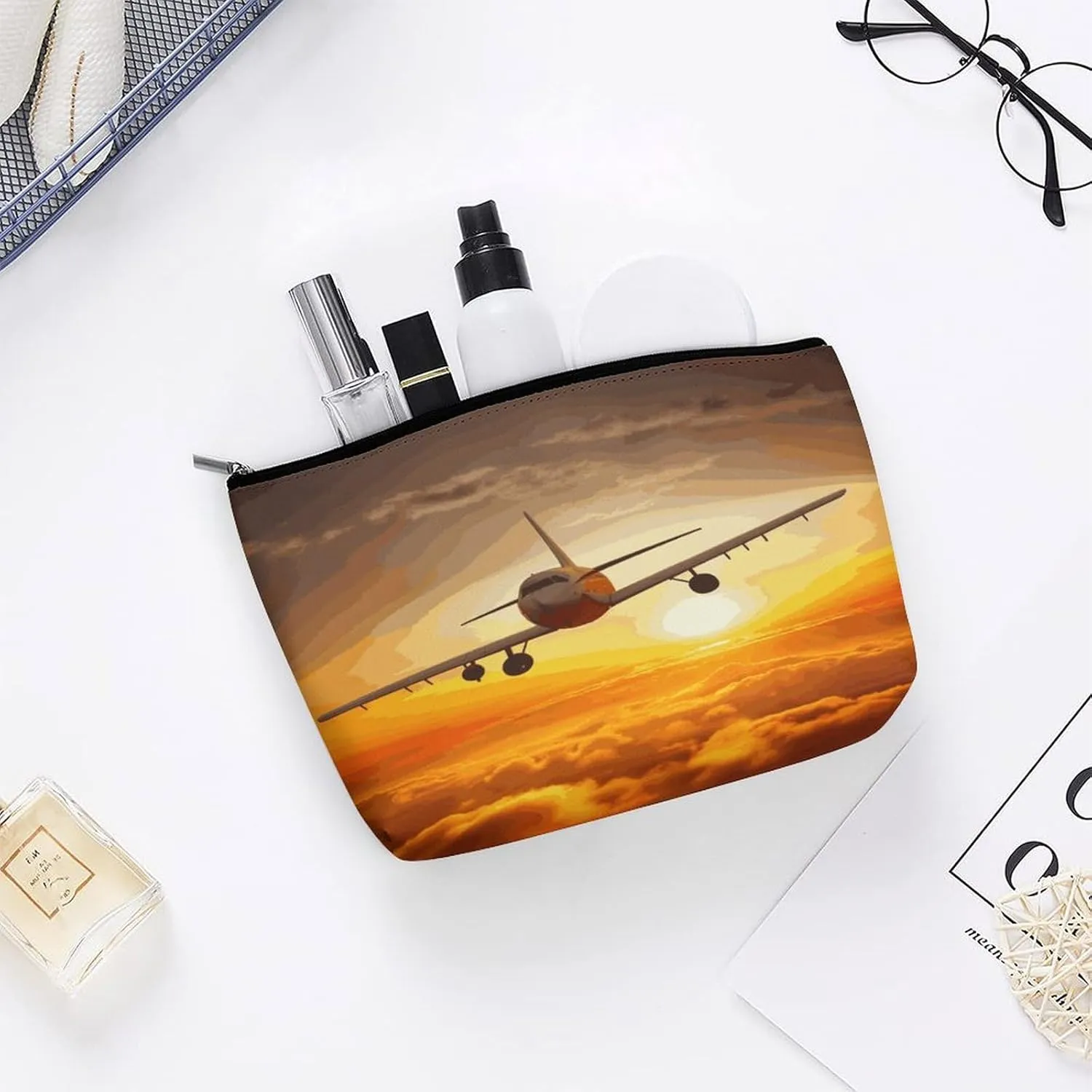Large Capacity Makeup Bags for Women Portable Leather with Zipper Travelling Makeup Bag Aircraft Plane at Sunset Printed