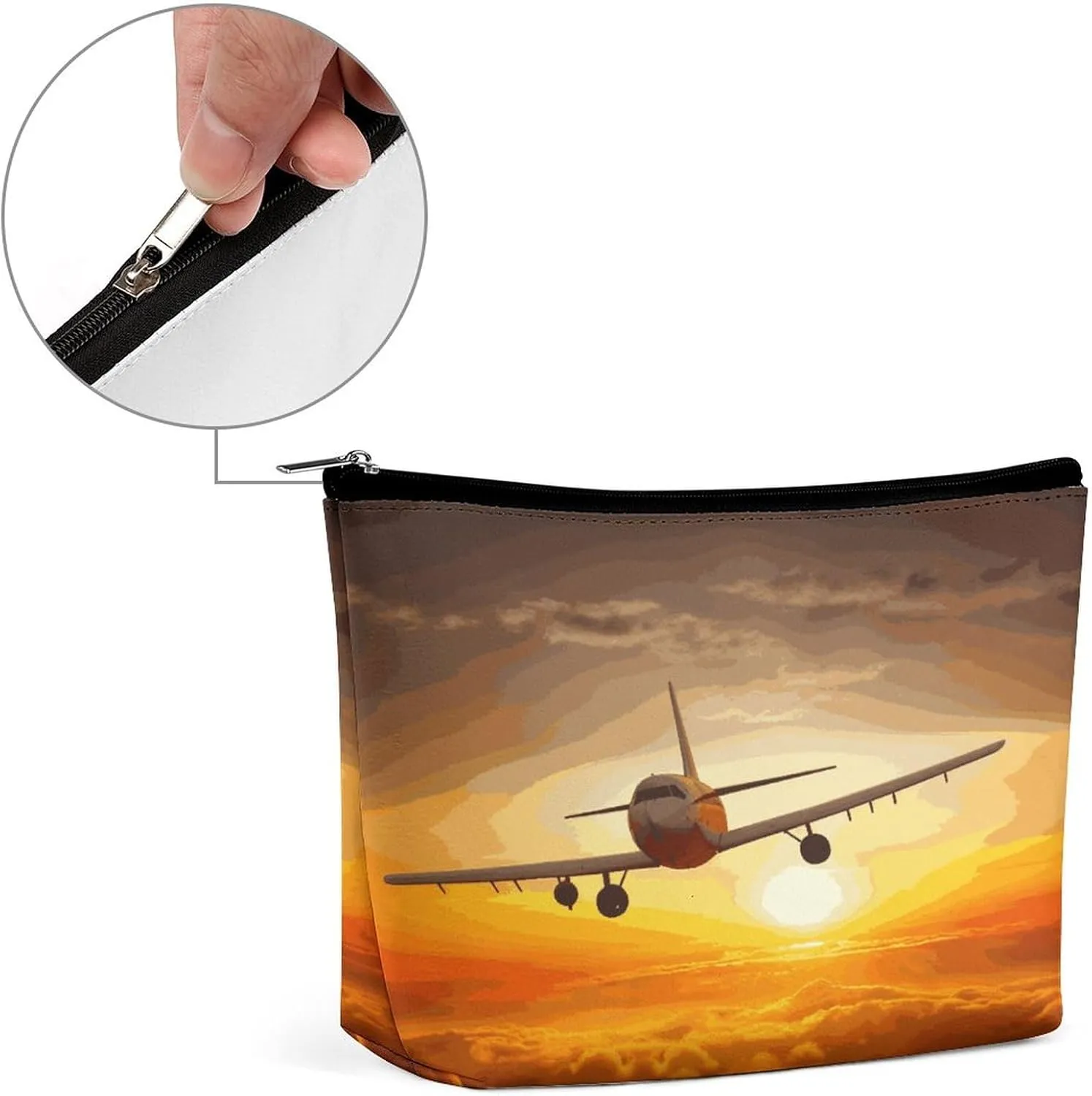 Large Capacity Makeup Bags for Women Portable Leather with Zipper Travelling Makeup Bag Aircraft Plane at Sunset Printed