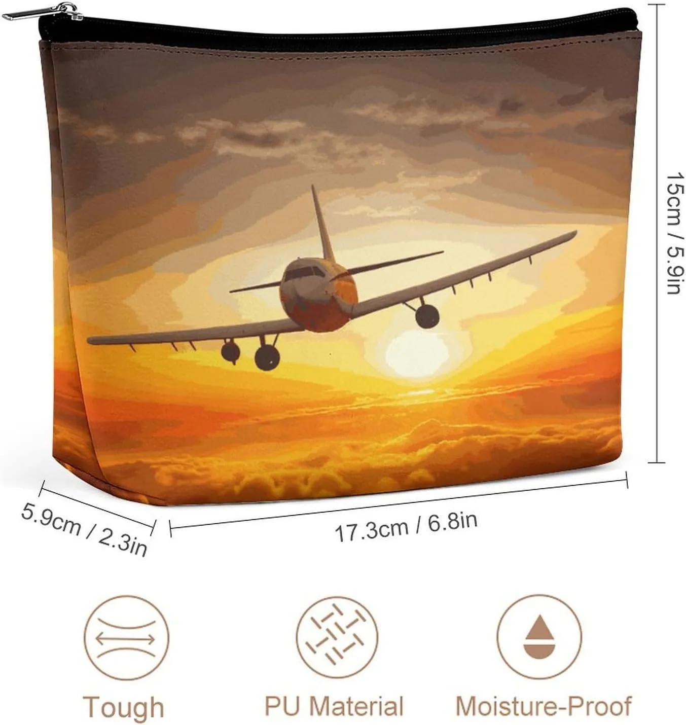 Large Capacity Makeup Bags for Women Portable Leather with Zipper Travelling Makeup Bag Aircraft Plane at Sunset Printed