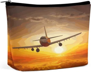 Large Capacity Makeup Bags for Women Portable Leather with Zipper Travelling Makeup Bag Aircraft Plane at Sunset Printed
