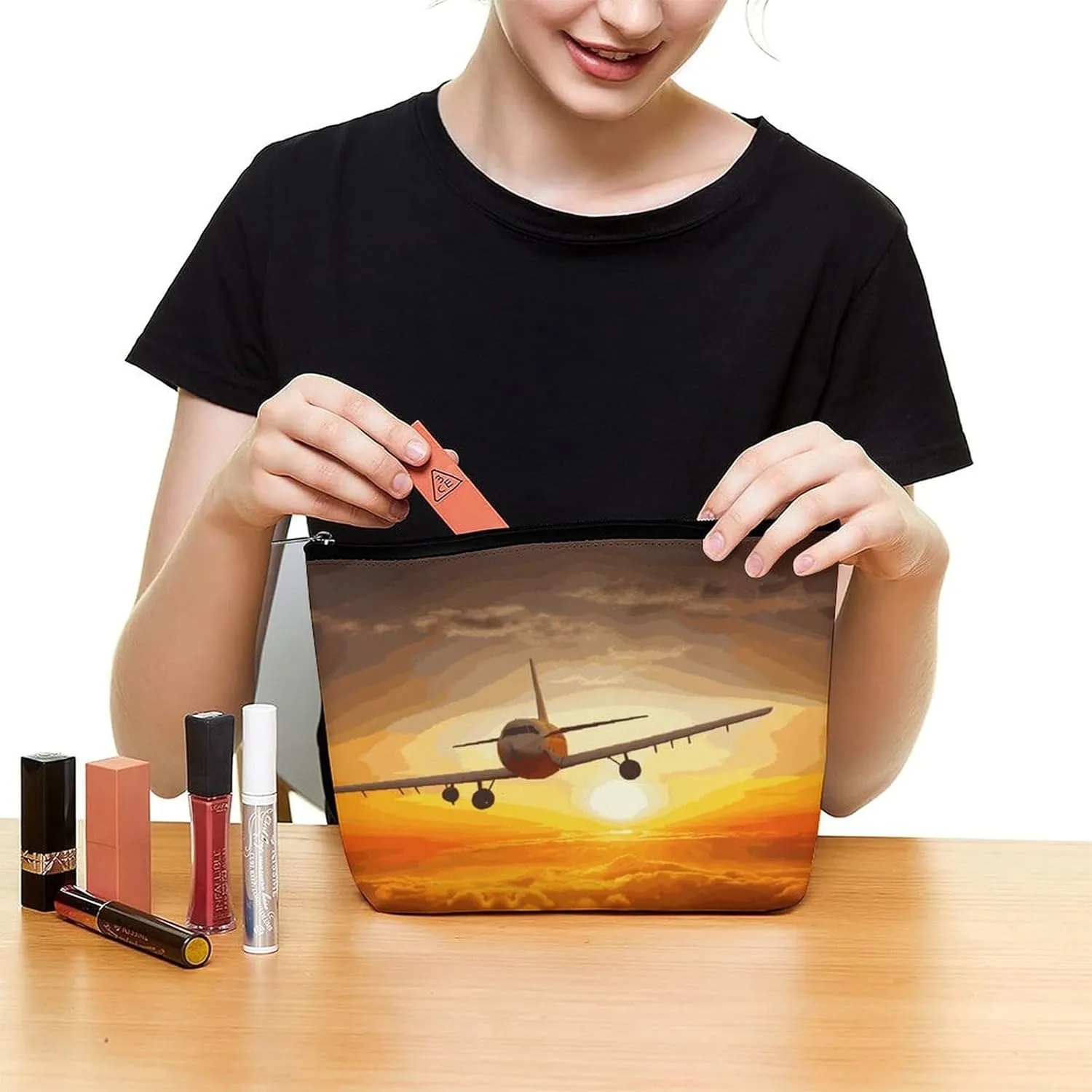 Large Capacity Makeup Bags for Women Portable Leather with Zipper Travelling Makeup Bag Aircraft Plane at Sunset Printed