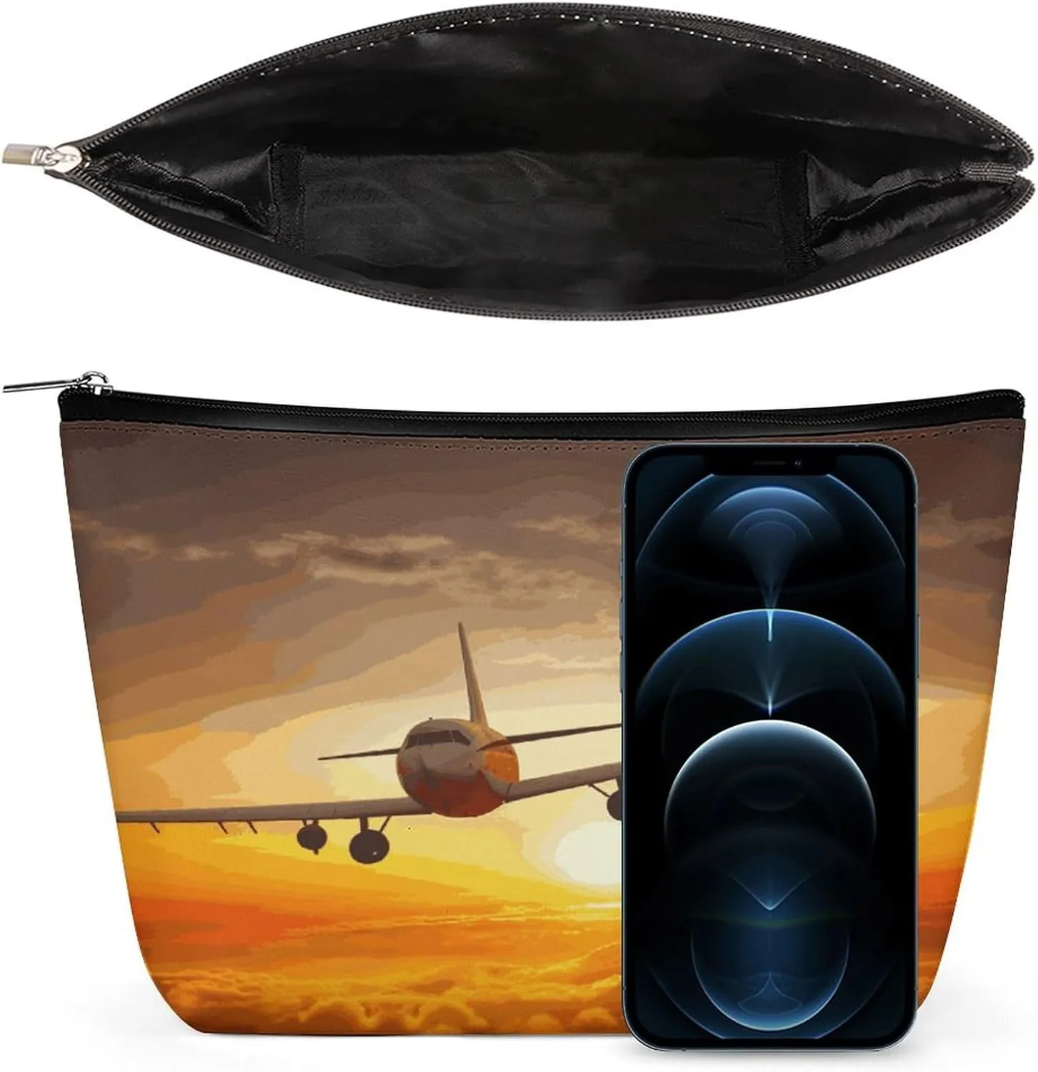 Large Capacity Makeup Bags for Women Portable Leather with Zipper Travelling Makeup Bag Aircraft Plane at Sunset Printed