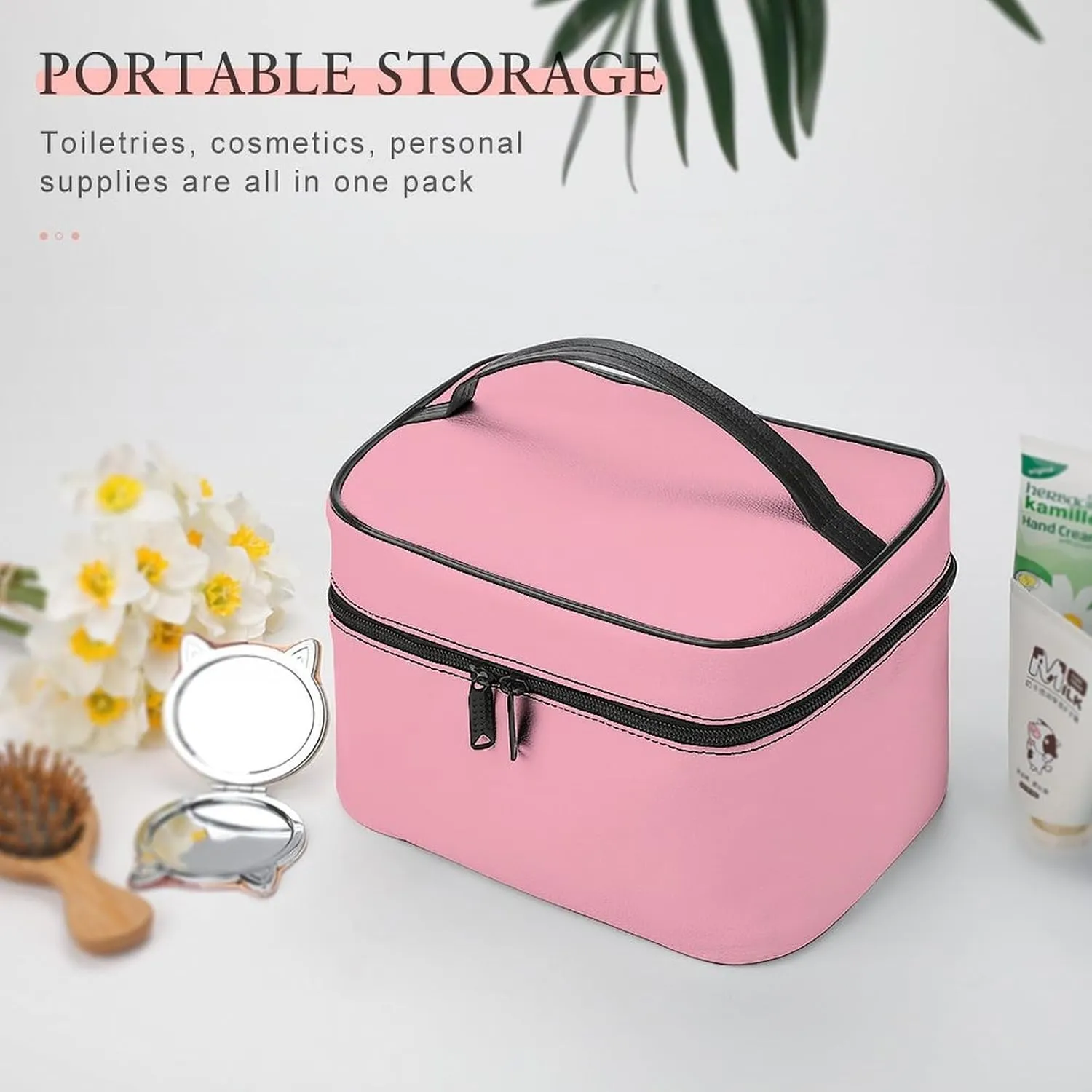 Large Makeup Bag, Solid Cherry Blossom Pink Cosmetic Bag for Women Girls, Portable Toiletry Bag, Travel Make Up Organizer Bag