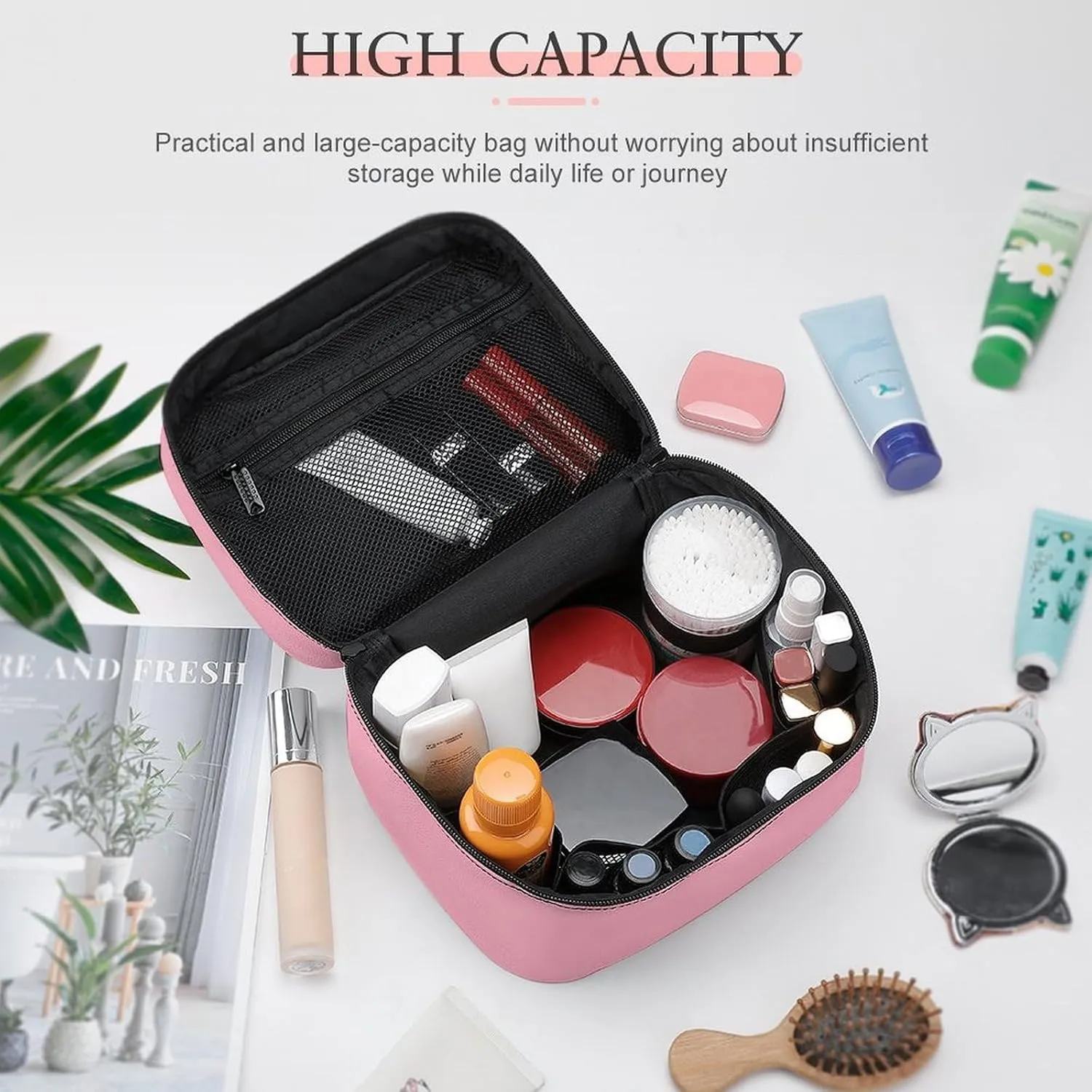 Large Makeup Bag, Solid Cherry Blossom Pink Cosmetic Bag for Women Girls, Portable Toiletry Bag, Travel Make Up Organizer Bag