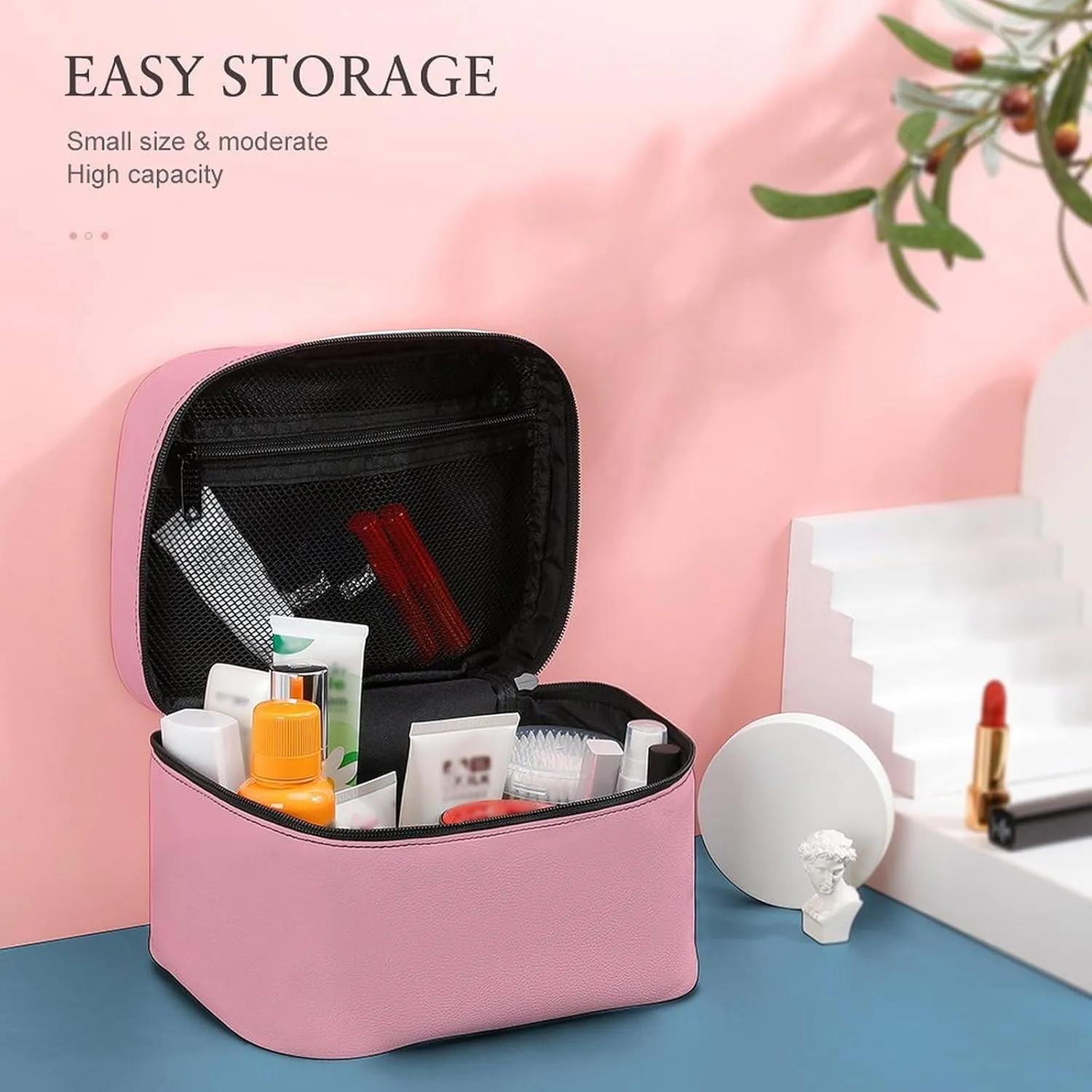 Large Makeup Bag, Solid Cherry Blossom Pink Cosmetic Bag for Women Girls, Portable Toiletry Bag, Travel Make Up Organizer Bag