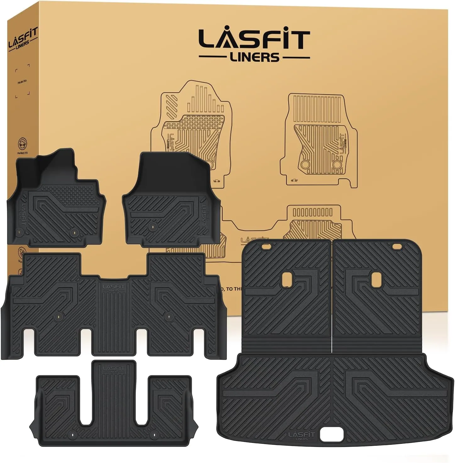 LASFIT Floor Mats & Backrest Mats & Cargo Mats for KIA EV9 2025 2024 6 Seats(Not Fit 7 Seats), All Weather TPE Custom Fit Floor Liners for Kia EV9 2024-2025 Full Set Car Mats, Black