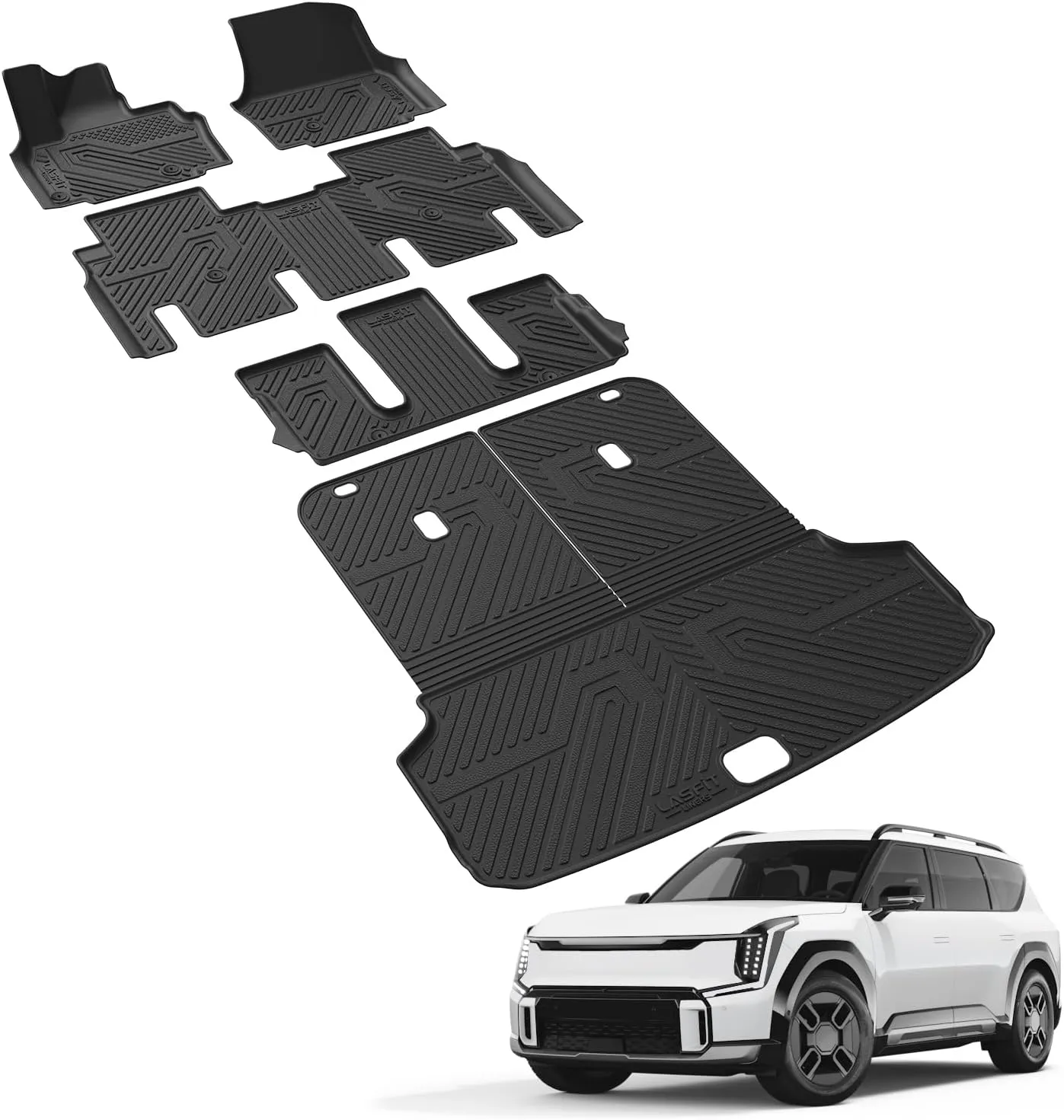 LASFIT Floor Mats & Backrest Mats & Cargo Mats for KIA EV9 2025 2024 6 Seats(Not Fit 7 Seats), All Weather TPE Custom Fit Floor Liners for Kia EV9 2024-2025 Full Set Car Mats, Black