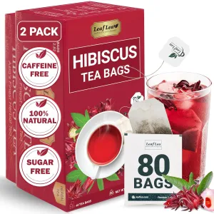 LeafLea 80 Natural Hibiscus Tea Bags, Pure Hibiscus Flowers, Supports Heart Health & Lowers Blood Pressure, Red Hibiscus Tea Bags, Te de Hibisco Natural, Sugar-Free, Caffeine-Free, Non-GMO, Pack of 2