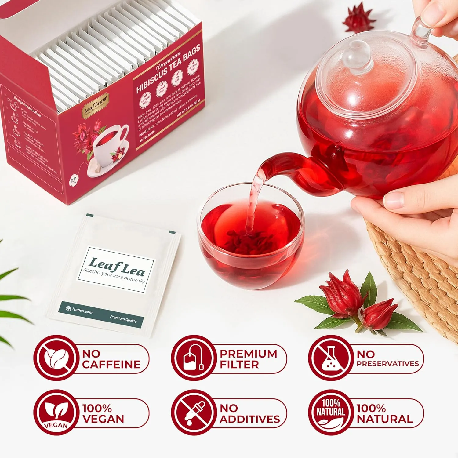 LeafLea 80 Natural Hibiscus Tea Bags, Pure Hibiscus Flowers, Supports Heart Health & Lowers Blood Pressure, Red Hibiscus Tea Bags, Te de Hibisco Natural, Sugar-Free, Caffeine-Free, Non-GMO, Pack of 2