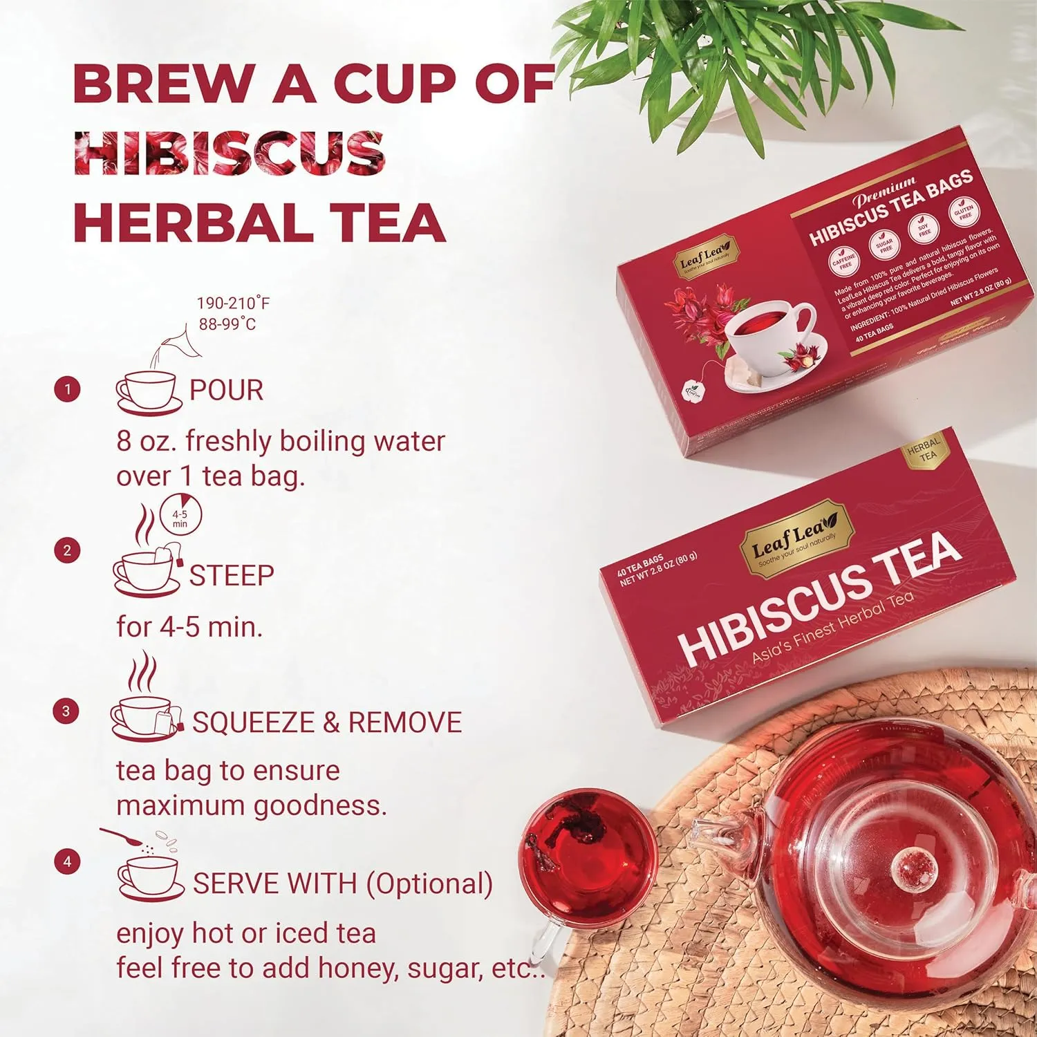 LeafLea 80 Natural Hibiscus Tea Bags, Pure Hibiscus Flowers, Supports Heart Health & Lowers Blood Pressure, Red Hibiscus Tea Bags, Te de Hibisco Natural, Sugar-Free, Caffeine-Free, Non-GMO, Pack of 2