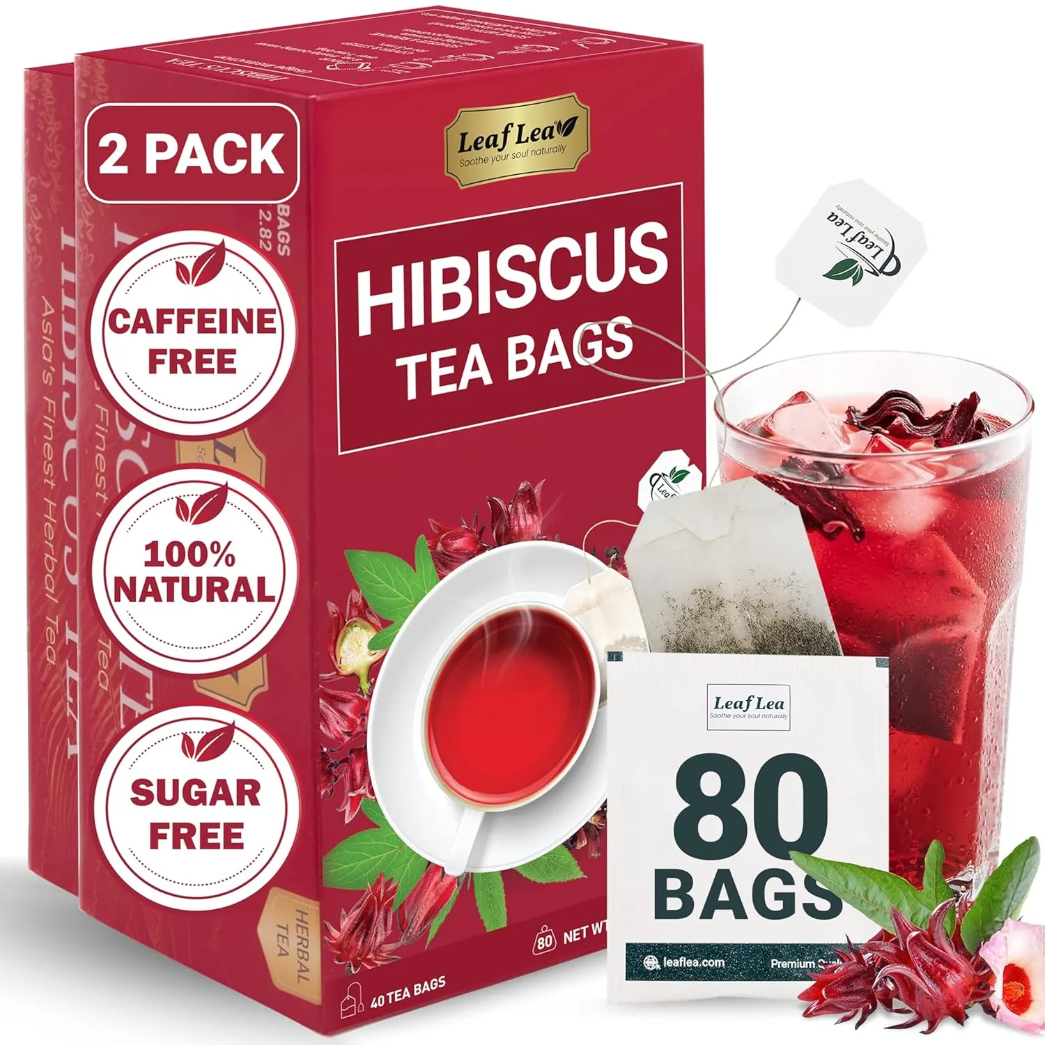 LeafLea 80 Natural Hibiscus Tea Bags, Pure Hibiscus Flowers, Supports Heart Health & Lowers Blood Pressure, Red Hibiscus Tea Bags, Te de Hibisco Natural, Sugar-Free, Caffeine-Free, Non-GMO, Pack of 2