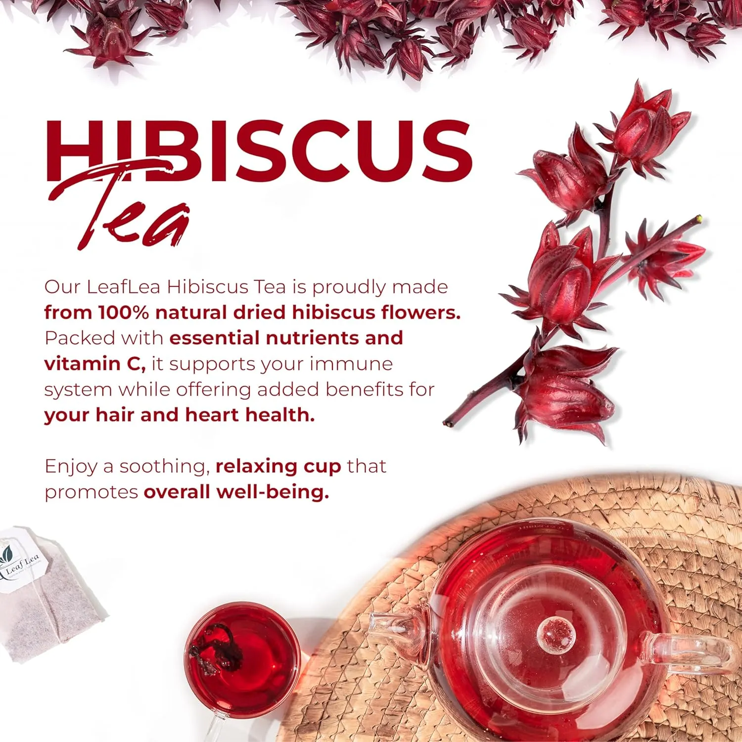 LeafLea 80 Natural Hibiscus Tea Bags, Pure Hibiscus Flowers, Supports Heart Health & Lowers Blood Pressure, Red Hibiscus Tea Bags, Te de Hibisco Natural, Sugar-Free, Caffeine-Free, Non-GMO, Pack of 2