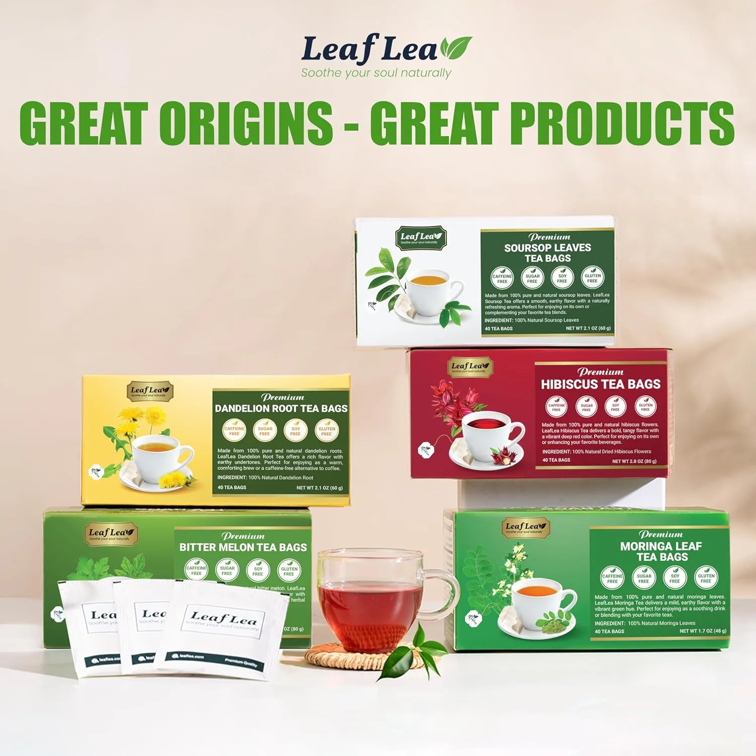 LeafLea 80 Natural Hibiscus Tea Bags, Pure Hibiscus Flowers, Supports Heart Health & Lowers Blood Pressure, Red Hibiscus Tea Bags, Te de Hibisco Natural, Sugar-Free, Caffeine-Free, Non-GMO, Pack of 2