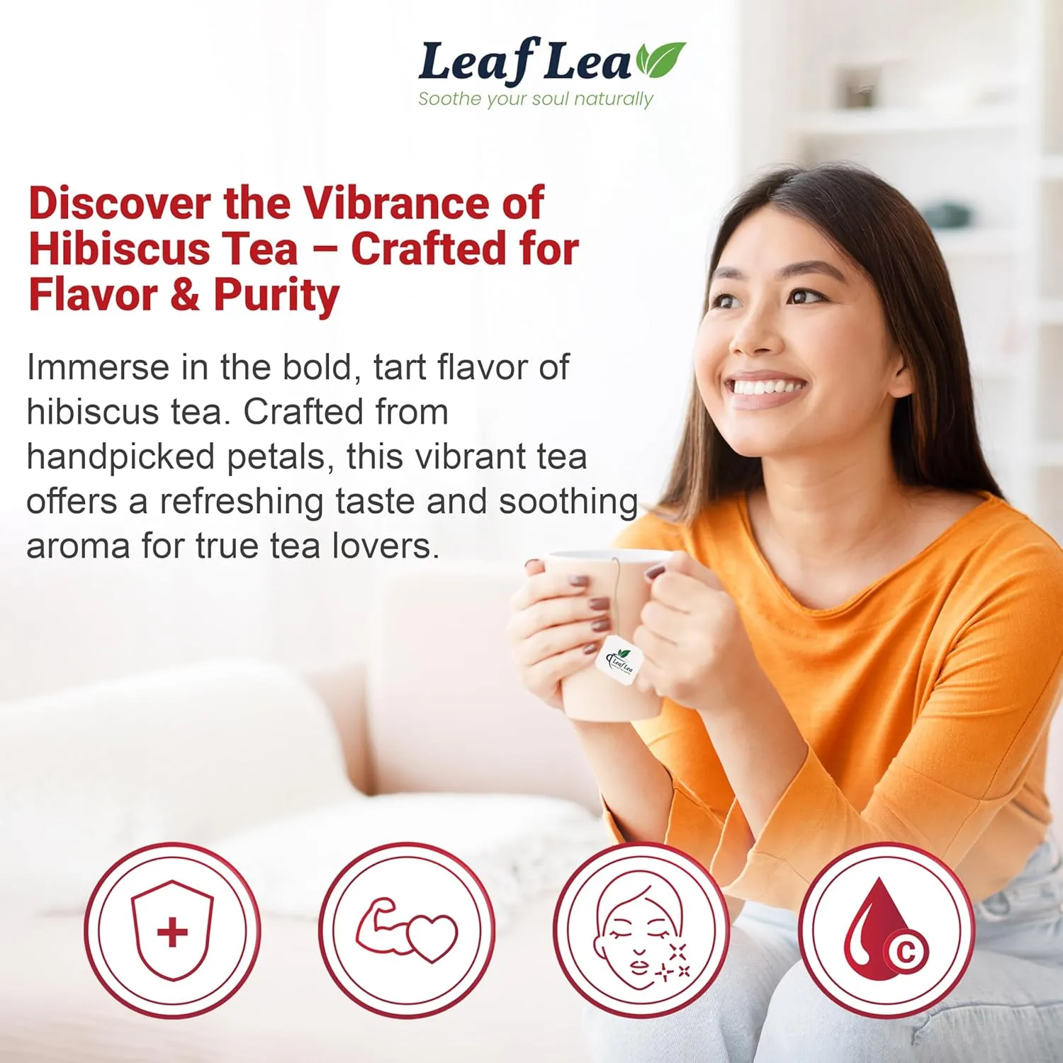 LeafLea 80 Natural Hibiscus Tea Bags, Pure Hibiscus Flowers, Supports Heart Health & Lowers Blood Pressure, Red Hibiscus Tea Bags, Te de Hibisco Natural, Sugar-Free, Caffeine-Free, Non-GMO, Pack of 2