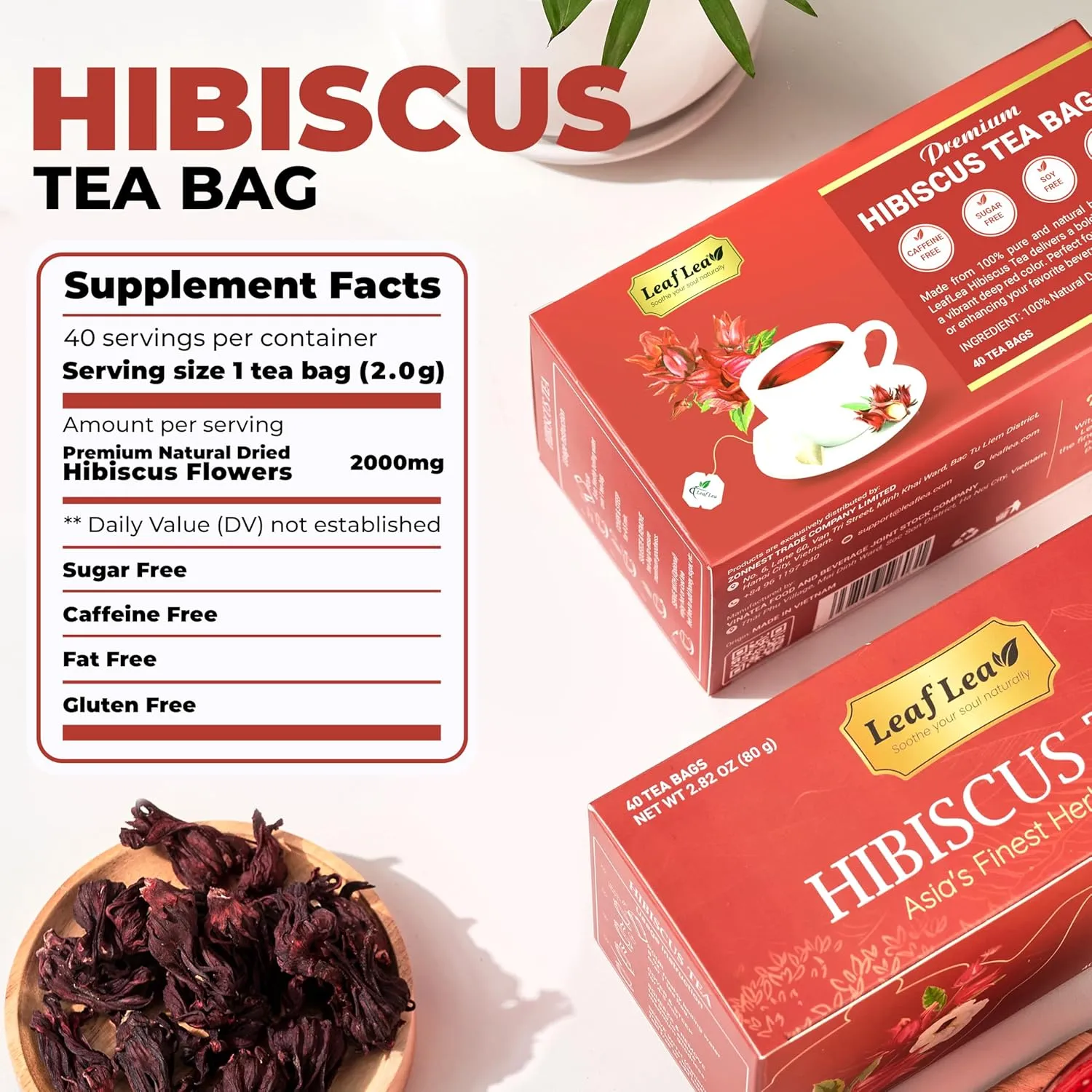 LeafLea 80 Natural Hibiscus Tea Bags, Pure Hibiscus Flowers, Supports Heart Health & Lowers Blood Pressure, Red Hibiscus Tea Bags, Te de Hibisco Natural, Sugar-Free, Caffeine-Free, Non-GMO, Pack of 2