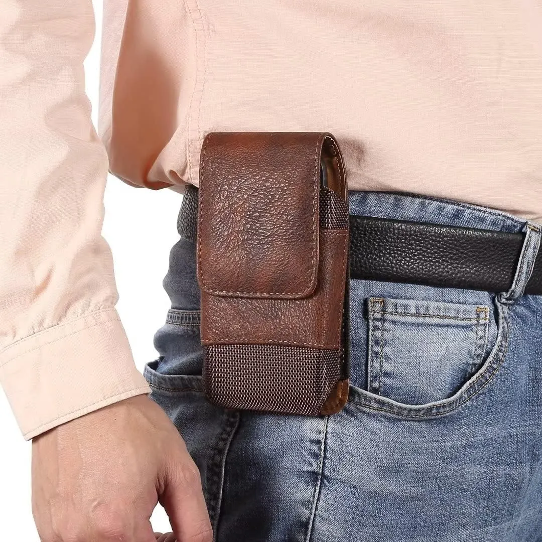 Leather Cell Phone Belt Clip Holster, Phone Waist Bag Mens, 7.2" Small Universal Smartphone Holder with Belt Loop Shoulder Strap Carrying Case Phone Belt Pouch Card Slot Purse Wallet Fanny Pack Mens