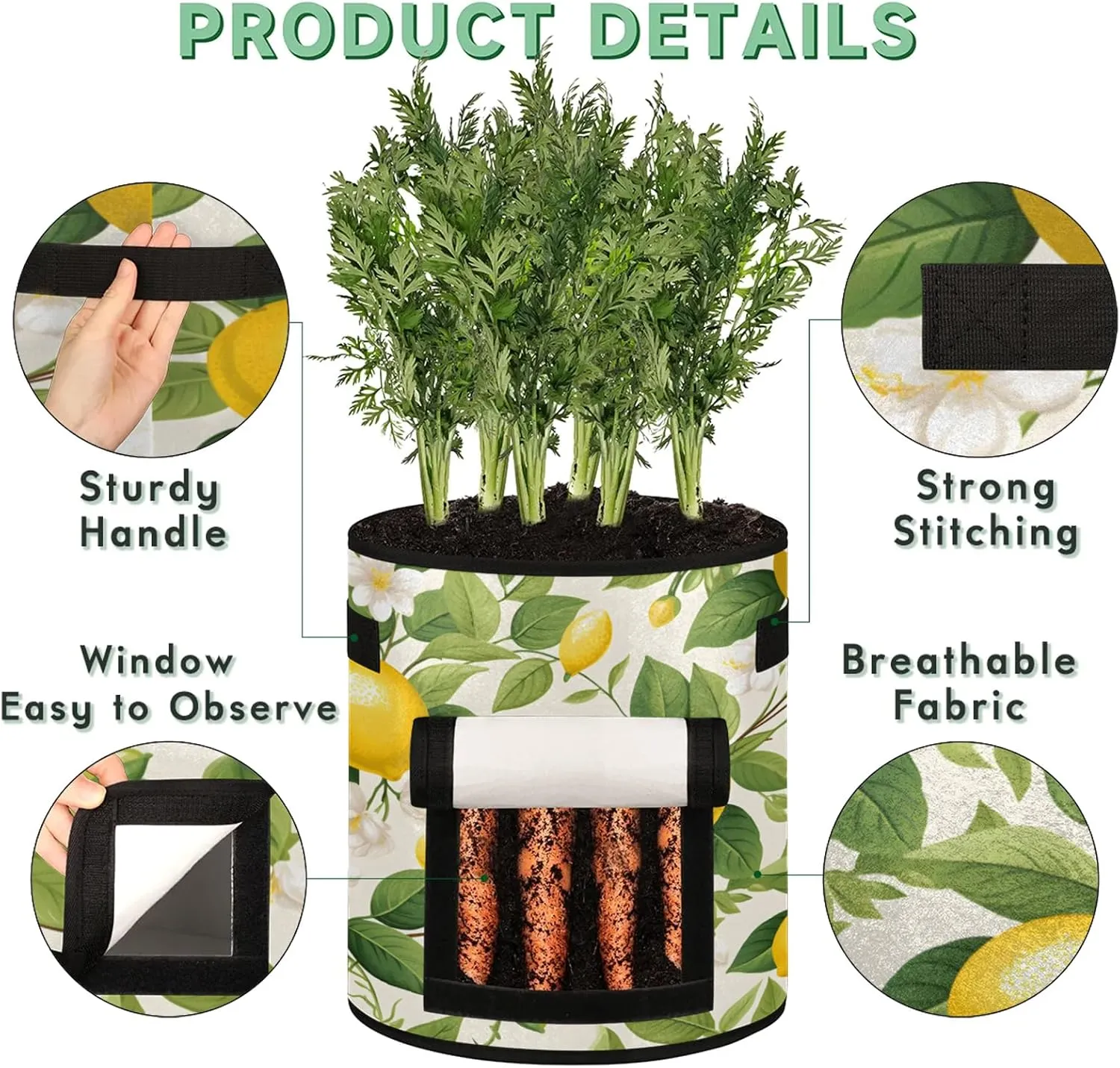 Lemons Plants Grow Bags 7 Gallon Thickened Nonwoven Plant Pot Flowers Vegetable Fruit Plant Grow Bag with Handle Garden Plant Bag Outdoor 2 Pack