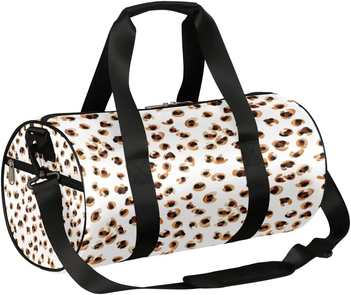 Leopard Gold White Gym Bag Small Gym Duffel Bags for Men Women Overnight Weekender Bag Lightweight Sport Duffle Bag Carry On Gymbag