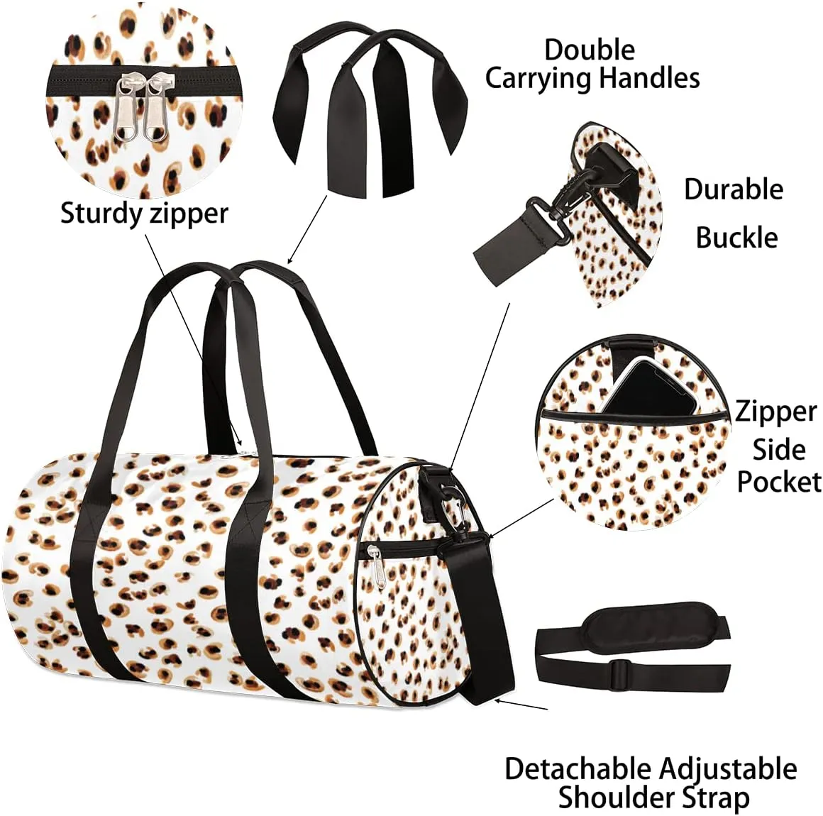 Leopard Gold White Gym Bag Small Gym Duffel Bags for Men Women Overnight Weekender Bag Lightweight Sport Duffle Bag Carry On Gymbag