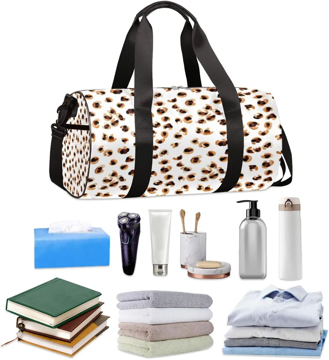 Leopard Gold White Gym Bag Small Gym Duffel Bags for Men Women Overnight Weekender Bag Lightweight Sport Duffle Bag Carry On Gymbag