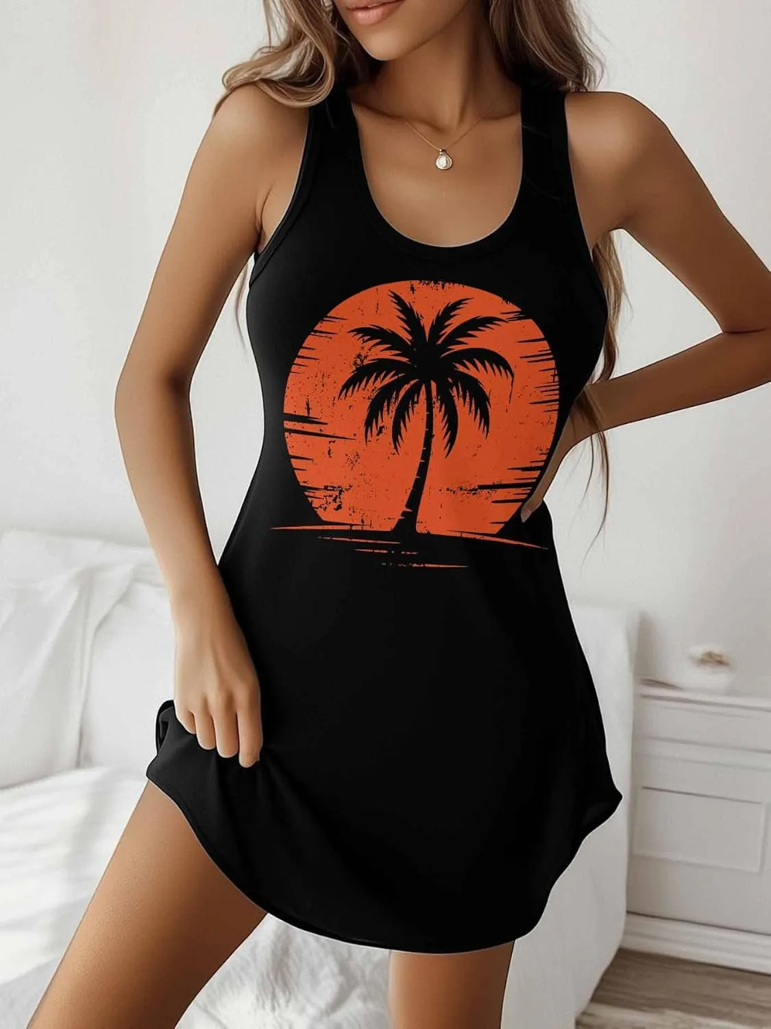 Libaoge Nightgowns for Women Coconut and Sunset Sleeveless Sleepwear Racerback Women's Nightgowns & Sleepshirts S-4XL