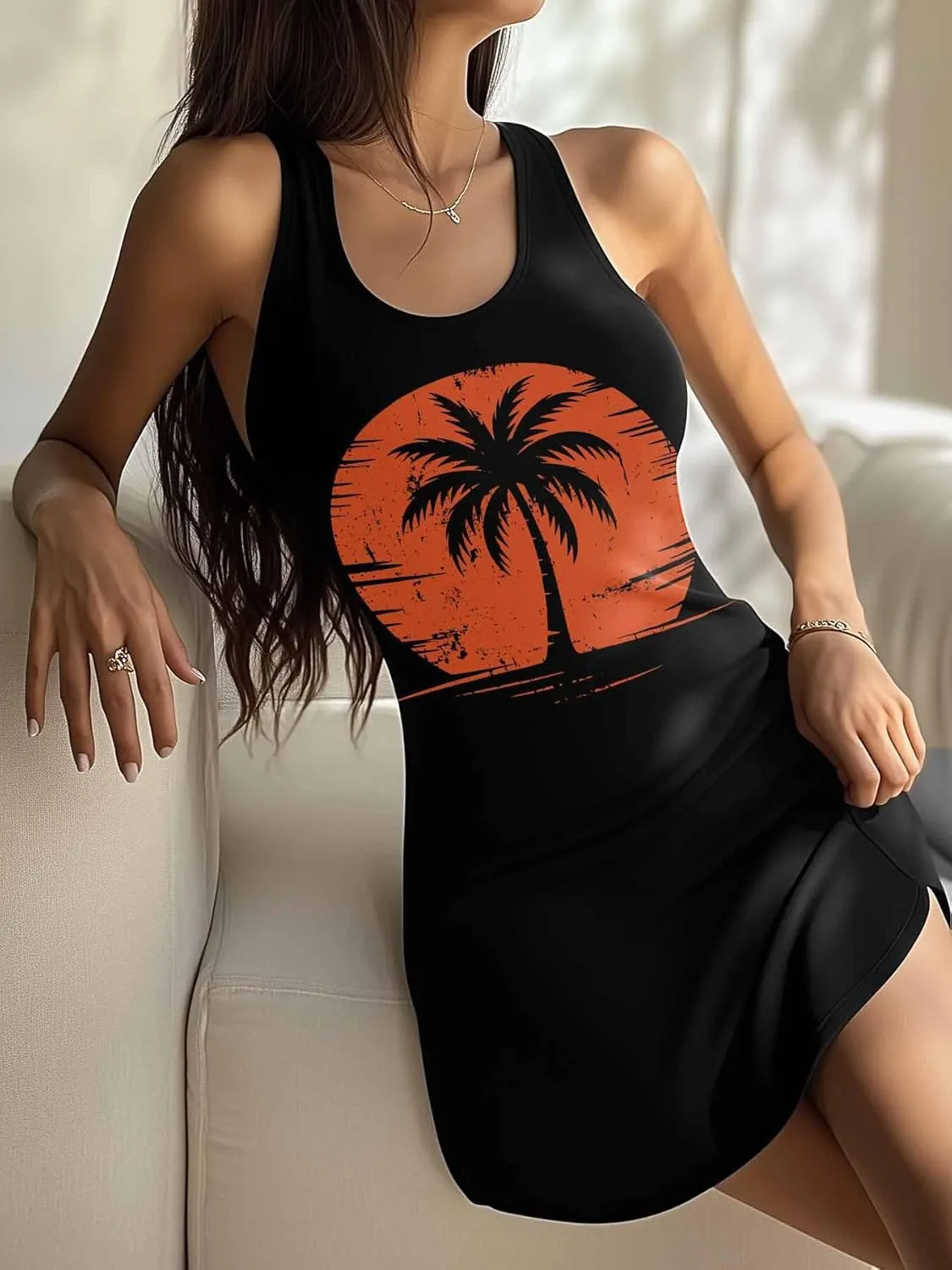 Libaoge Nightgowns for Women Coconut and Sunset Sleeveless Sleepwear Racerback Women's Nightgowns & Sleepshirts S-4XL