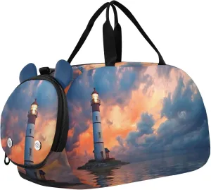 Lighthouse at Sunset Duffle Bag for Girl, Sports Duffle Gym Bags with Shoe Compartment, Personalized Overnight Bag Travel Weekender for Kids