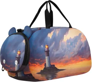 Lighthouse at Sunset Duffle Bag for Girl, Sports Duffle Gym Bags with Shoe Compartment, Personalized Overnight Bag Travel Weekender for Kids