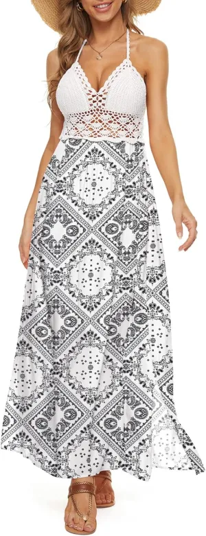 LILBETTER Women's Beach Crochet Backless Bohemian Halter Maxi Long Dress