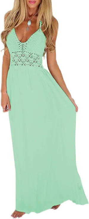 LILBETTER Women's Beach Crochet Backless Bohemian Halter Maxi Long Dress