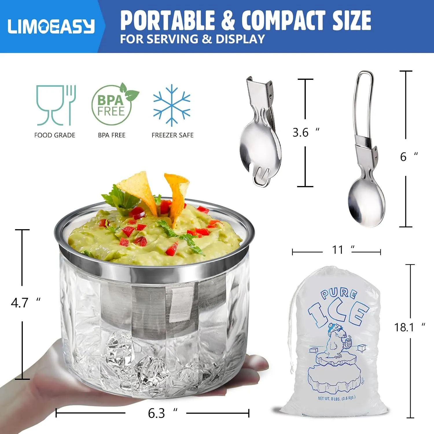 LIMOEASY Chilled Dip Bowl (4 Pack), 25oz Ice Serving Bowl with Lid for Parties, Cold Serving Dish for Hummus, Salsa, Guacamole, Sauces, Pasta