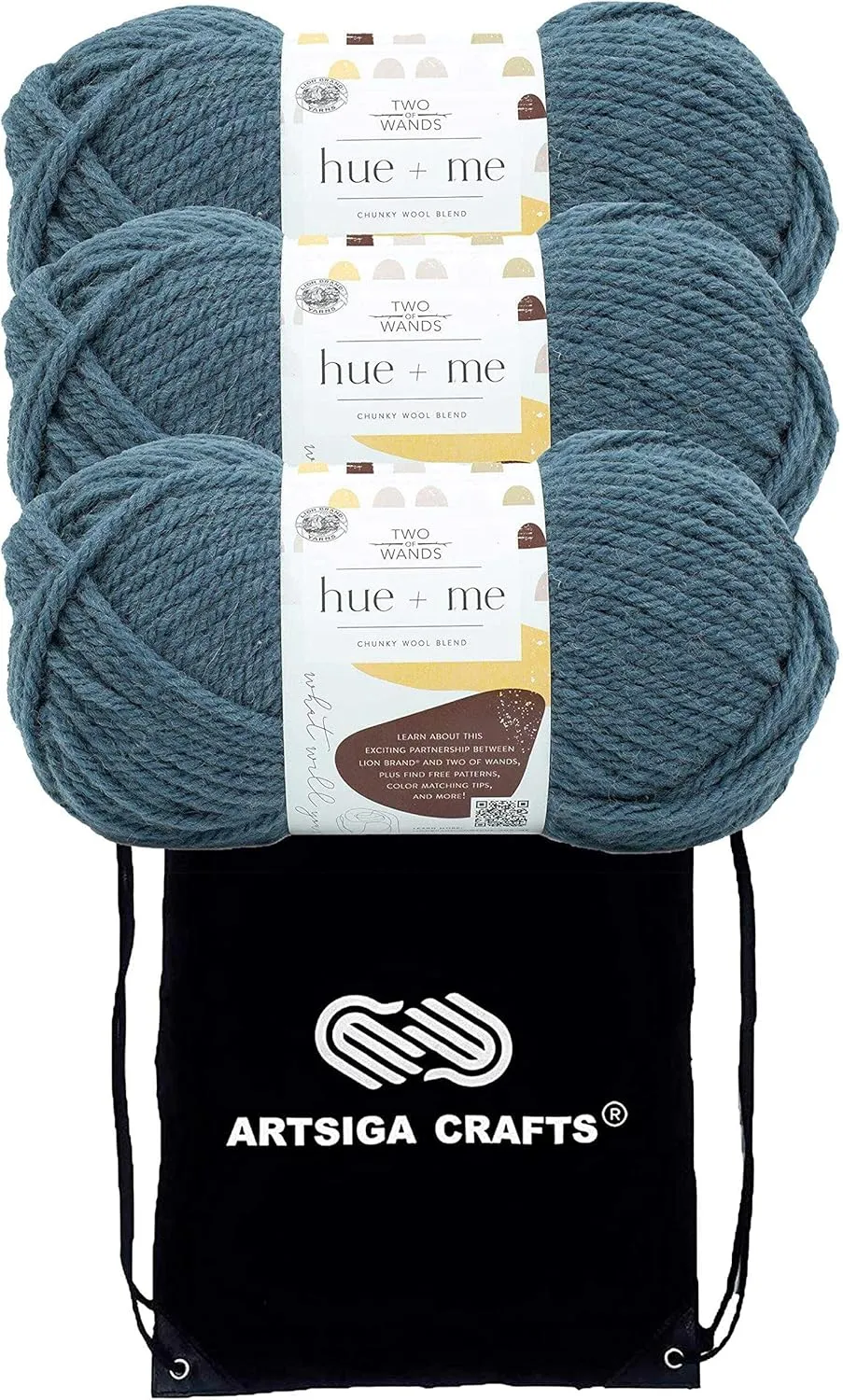 Lion Brand Hue & Me Marine 617-111 (3-Skeins - Same Dye Lot) Chunky Bulky #5 Acrylic, Wool Yarn for Crocheting and Knitting with Project Bag