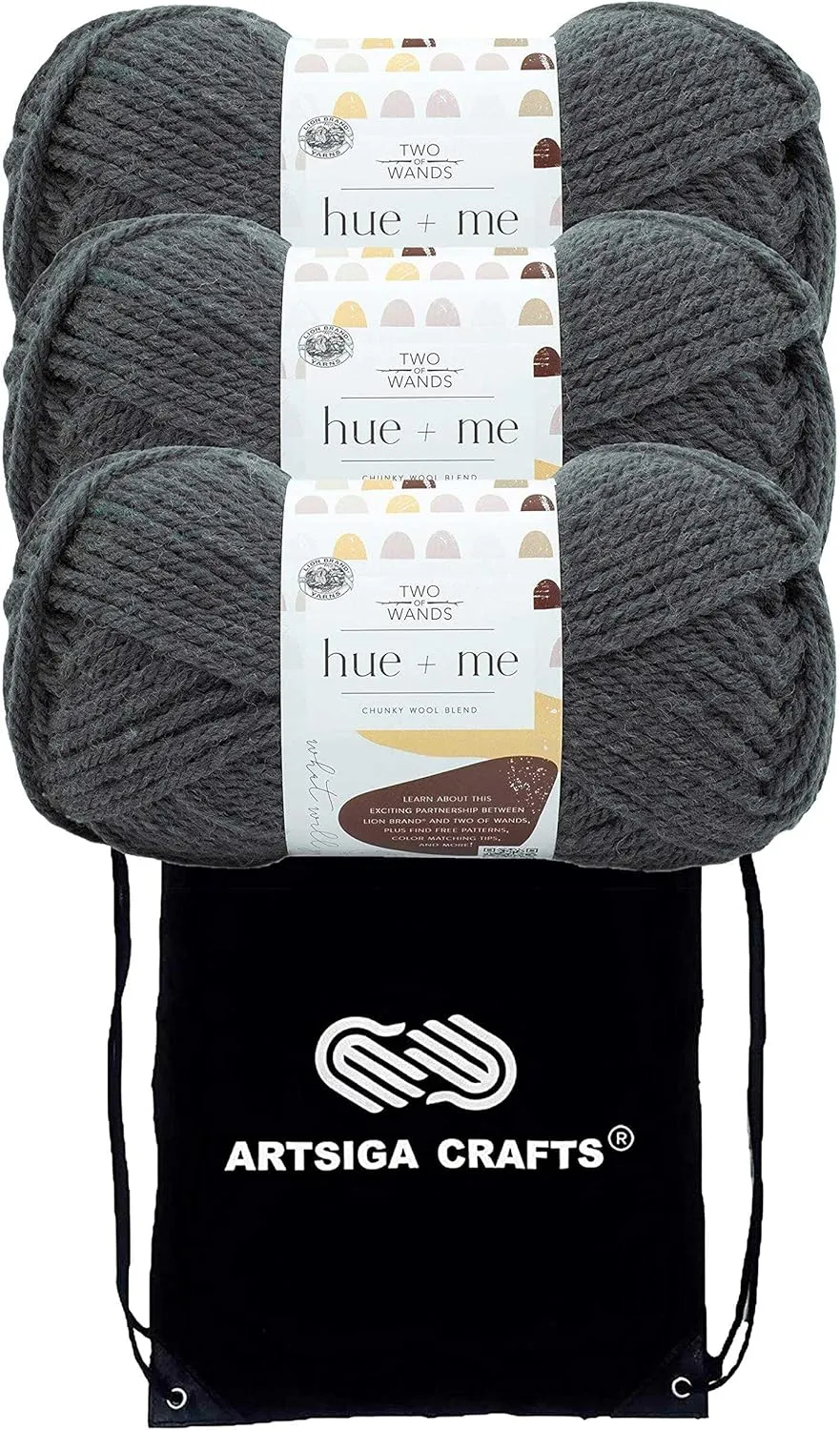 Lion Brand Hue & Me Smoke 617-151 (3-Skeins - Same Dye Lot) Chunky Bulky #5 Acrylic, Wool Yarn for Crocheting and Knitting with Project Bag