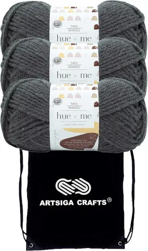 Lion Brand Hue & Me Smoke 617-151 (3-Skeins - Same Dye Lot) Chunky Bulky #5 Acrylic, Wool Yarn for Crocheting and Knitting with Project Bag